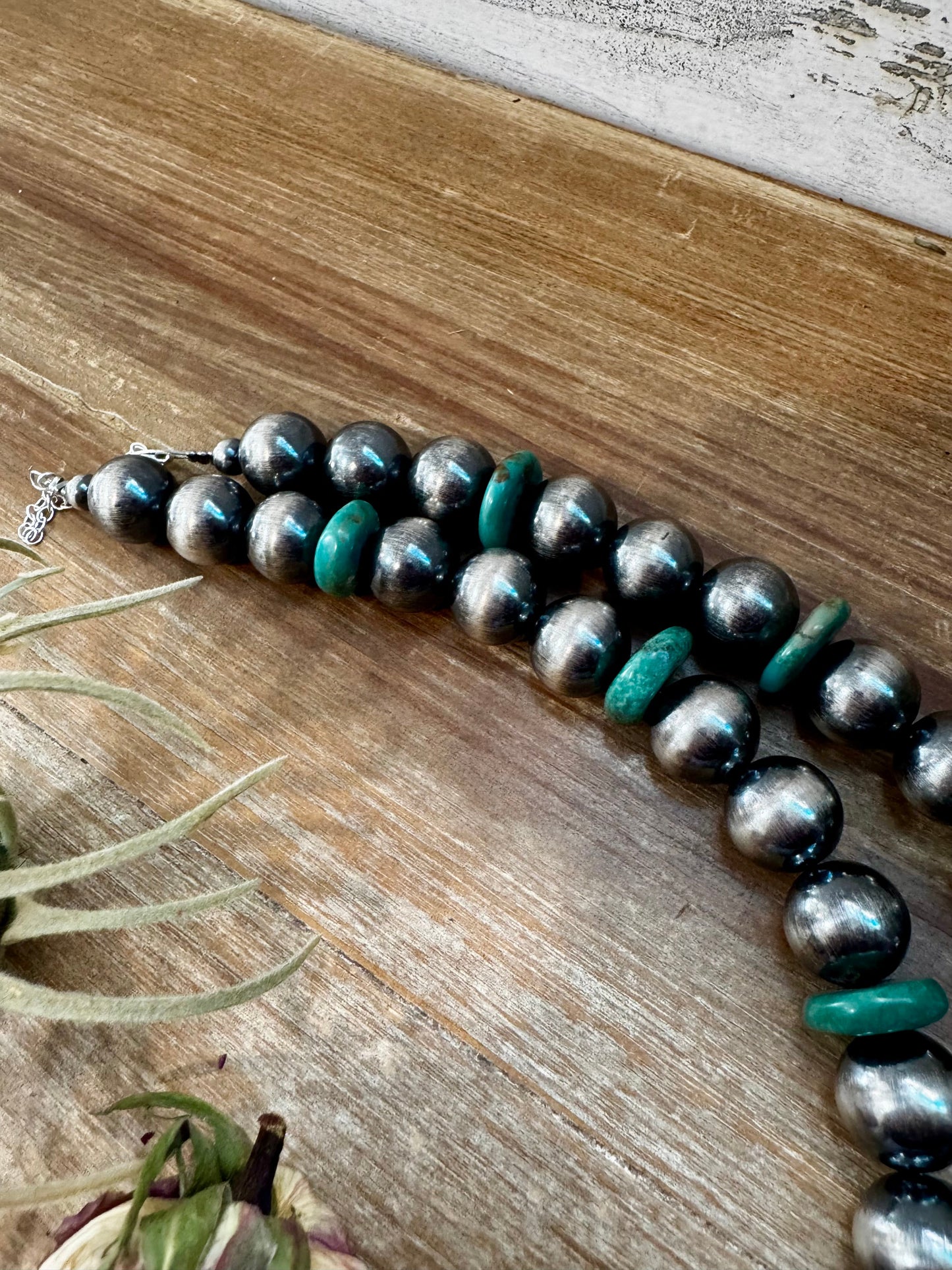 NFR Collection Necklace – 14mm Sterling Silver Pearls with 16mm Green Turquoise Rondelles – 28.5"