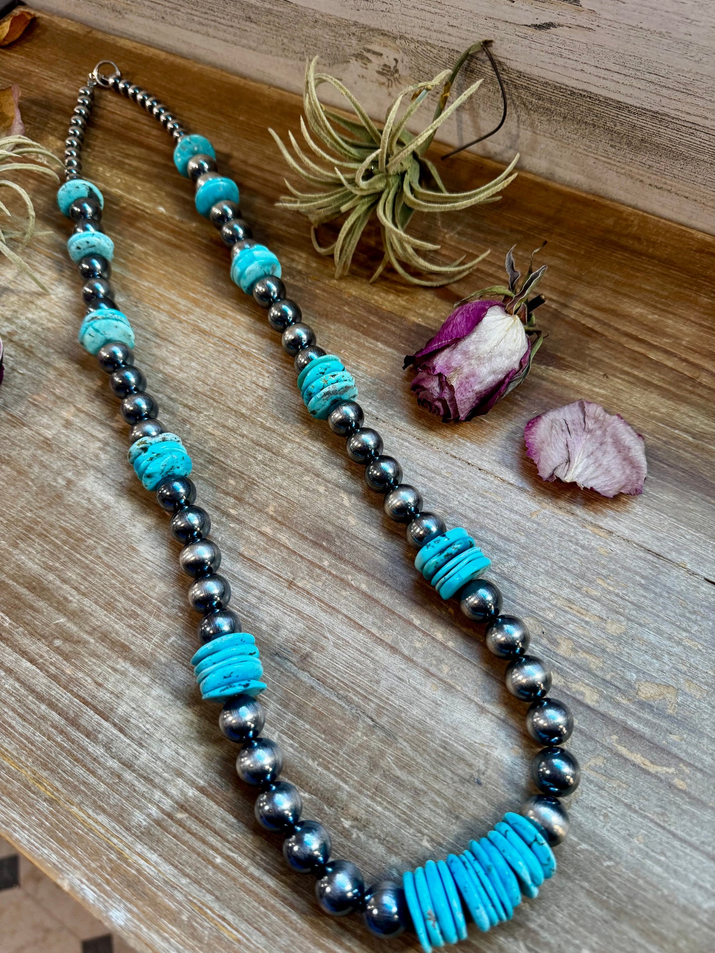 NFR Collection Necklace – 35 inch long 8mm & 14mm Sterling Silver Pearls with 20mm Turquoise Rondelle