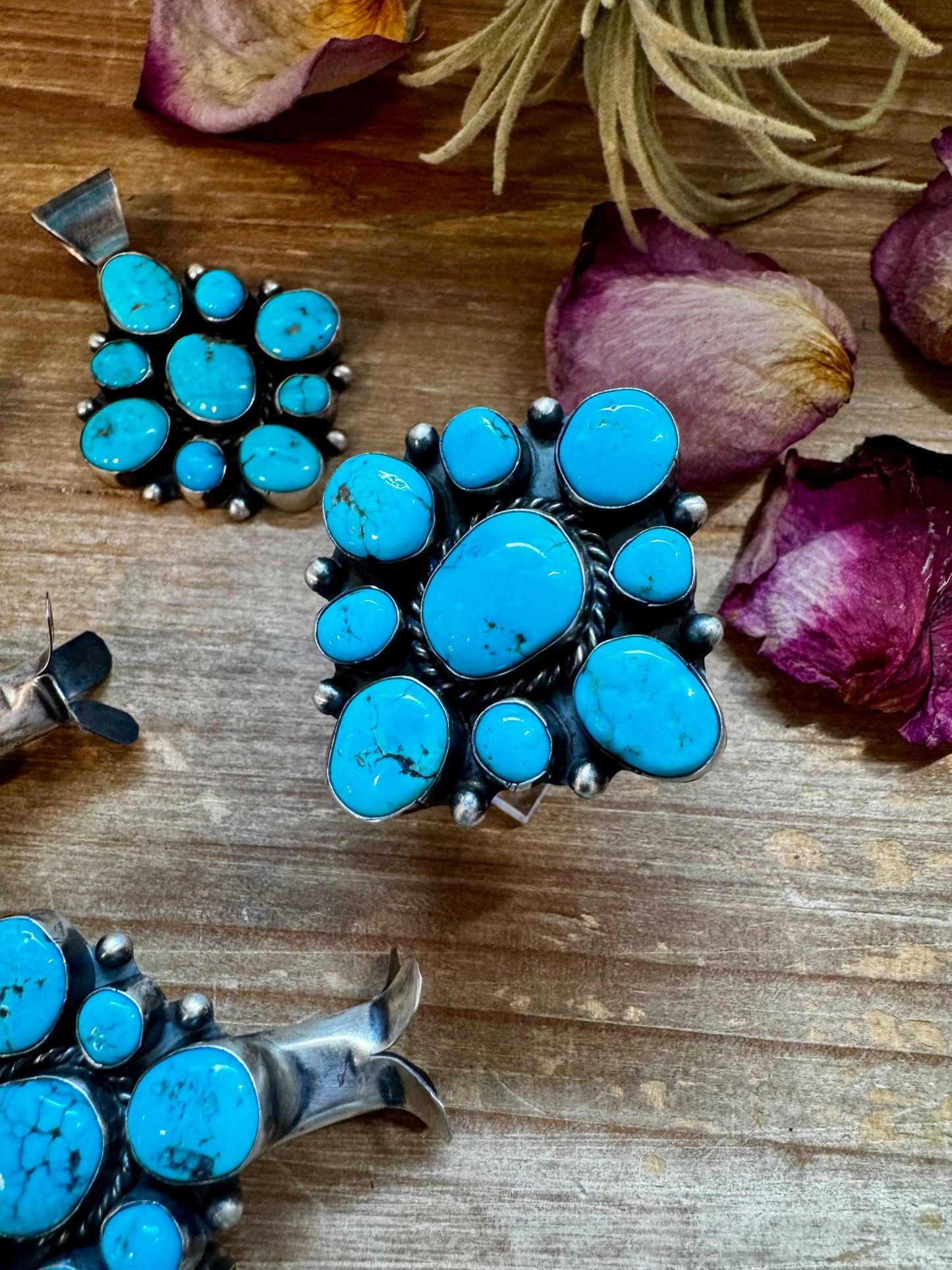 Complete Squash Blossom Set – Kingman Turquoise – Sterling Silver – Navajo Made by Wilson Dawes