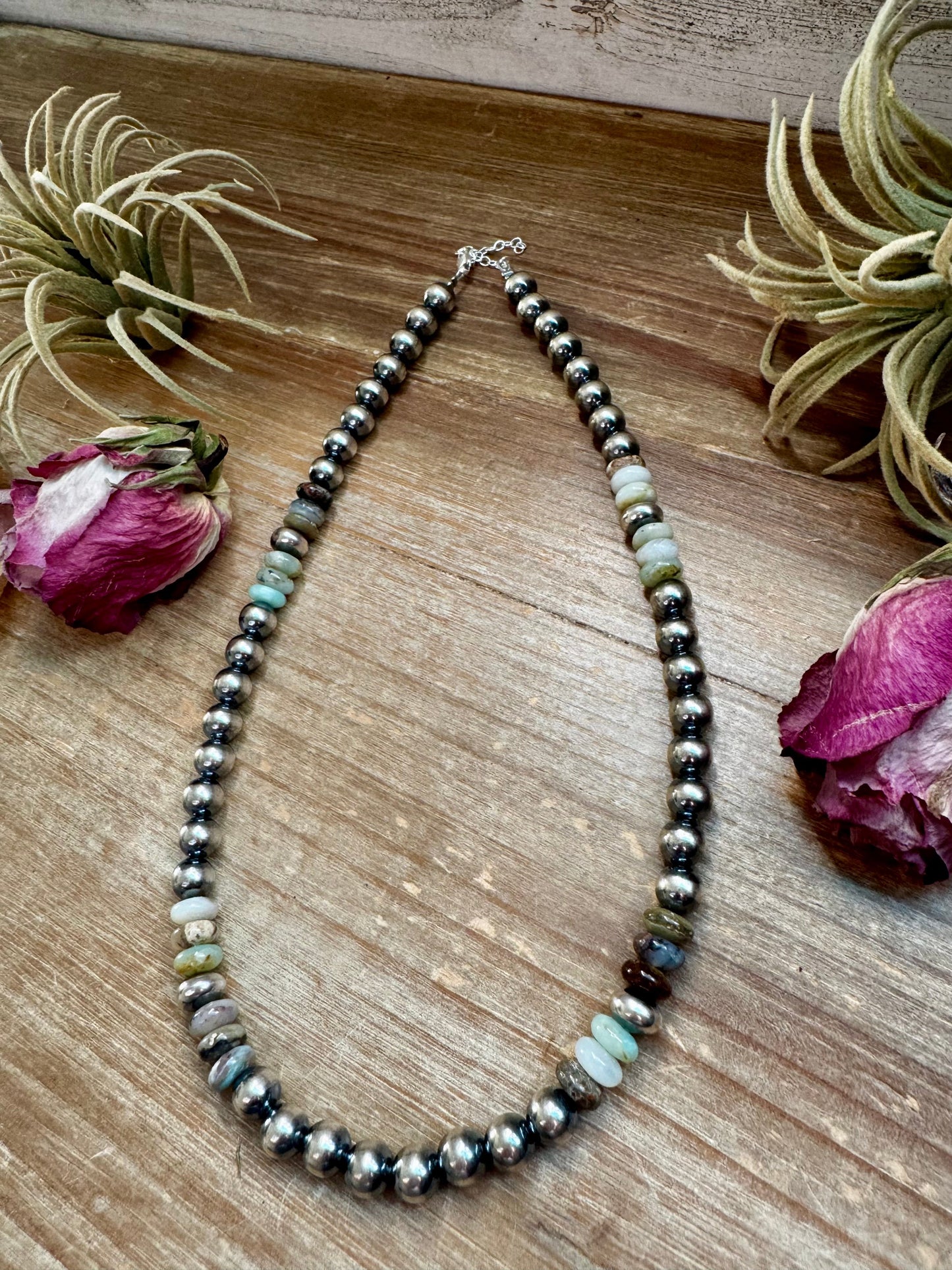 Peruvian Opal & Sterling Silver Pearl Necklace – 8mm – Handmade by The Bijoux FAB – 18"