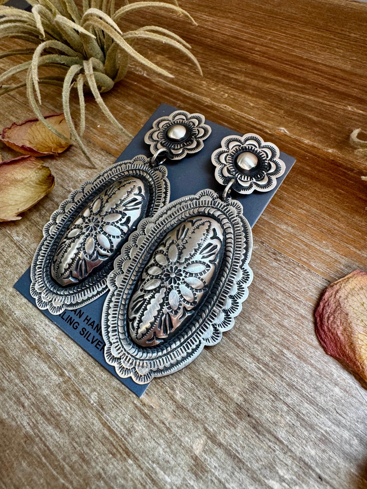 Leander Tahe Sterling Silver Earrings – Post & Dangle Statement with Stamped Detail