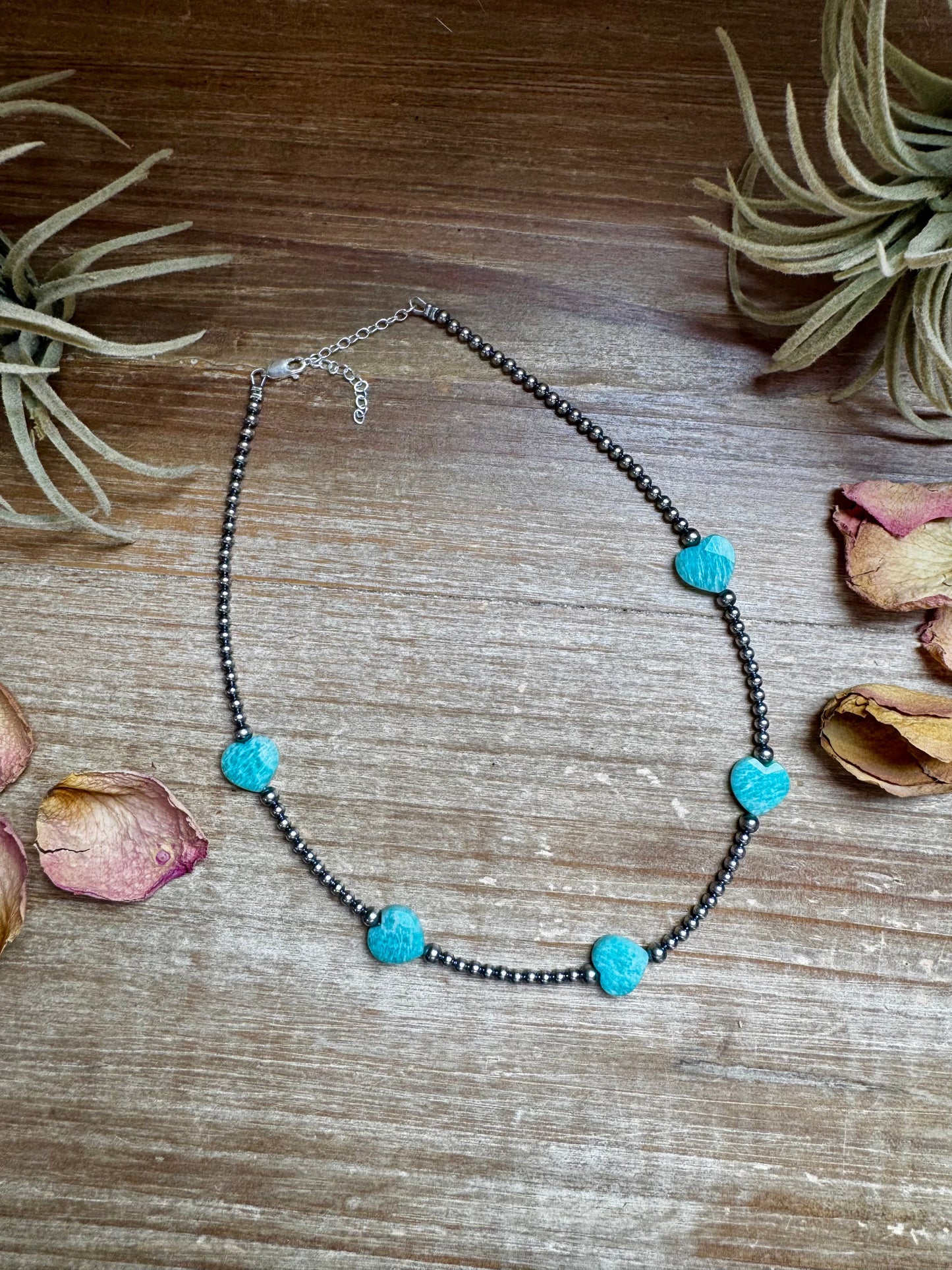 15-Inch Peruvian Amazonite Heart Necklace – 5 Hearts, Handmade with Sterling Silver Pearls