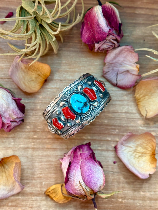 Coral & Turquoise Sterling Silver Cuff Bracelet – Stamped Errick